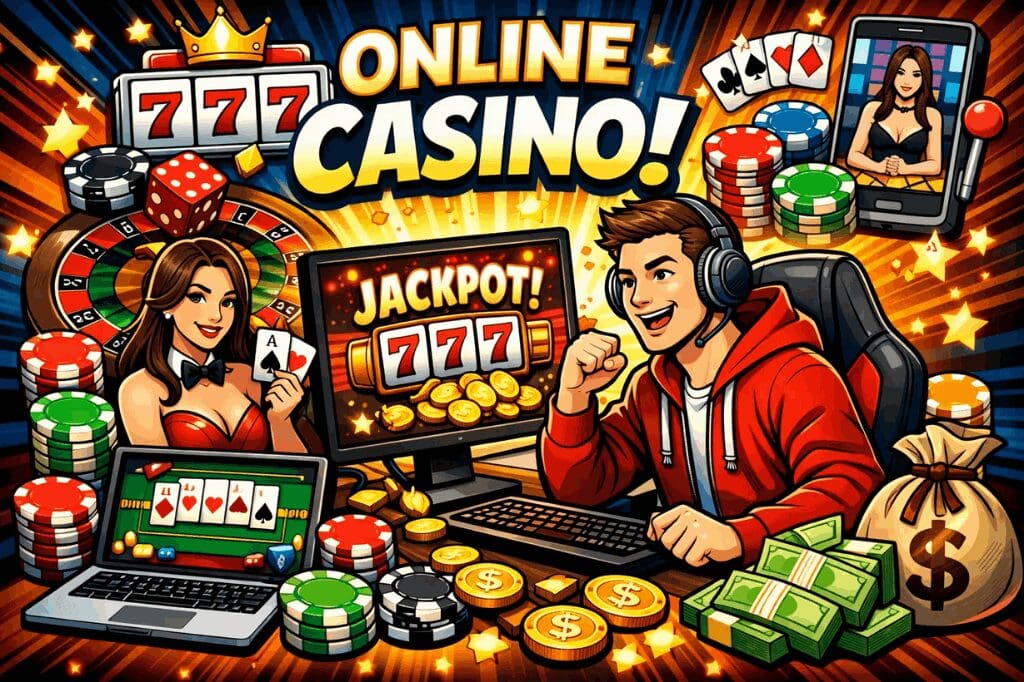 온라인 카지노에서 슬롯과 카드 게임으로 잭팟을 터뜨리는 플레이어와 칩, 현금이 표현된 일러스트